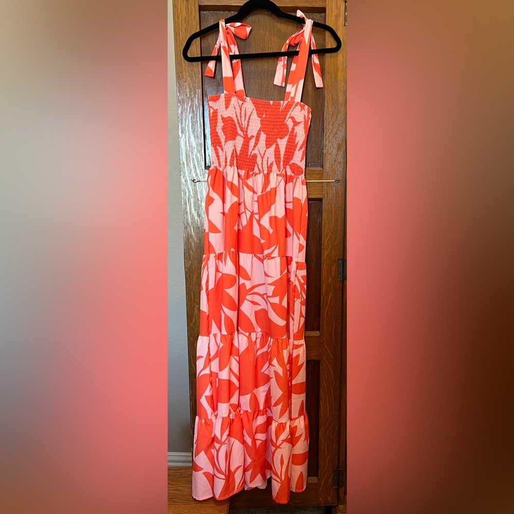 Tiered Maxi dress in Coral and Light Pink Abstract Print